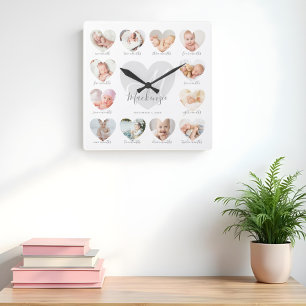 Horloge Carrée Première année de bébé Coeur photo Keepsaké Collag