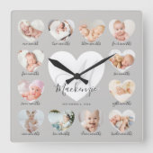 Horloge Carrée Première année de bébé Coeur photo Keepsaké Collag (Front)