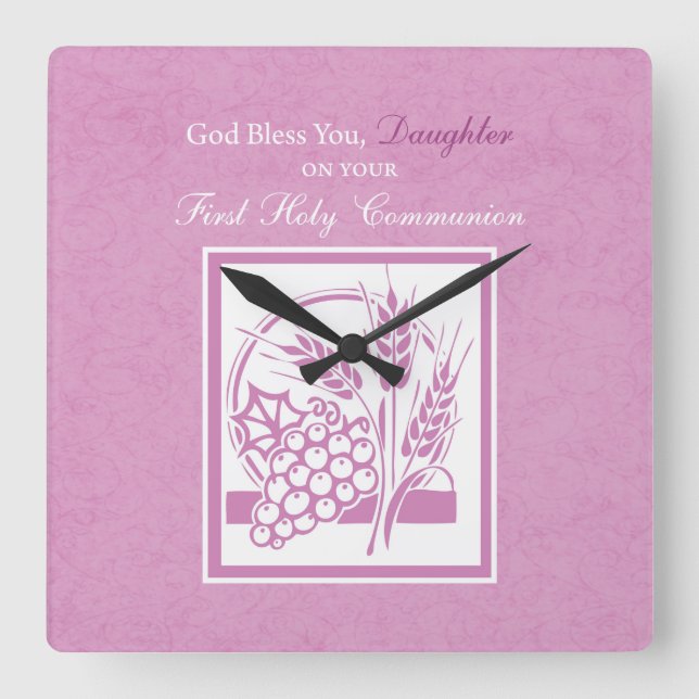 Horloge Carrée Première communion de fille, Rose (Recto)