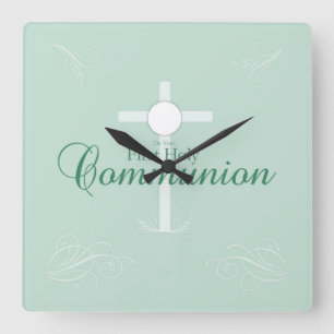 Horloge Carrée Première communion, écriture en vert doux