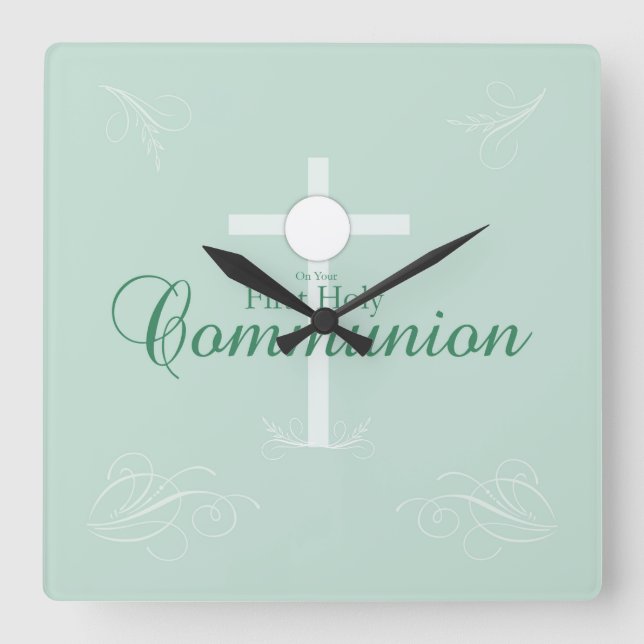 Horloge Carrée Première Communion sainte, Script en vert tendre (Recto)