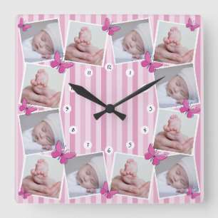 Horloge Carrée Premiers 12 mois Photo de bébé Collage Papillon ro