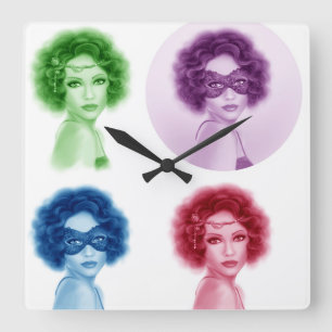 Horloge Carrée présentez un portrait de femme rétro abstrait à la
