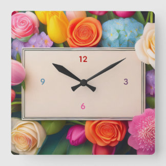 Horloge Carrée Pretty Floral Framed Roses Tulips Hydrangea