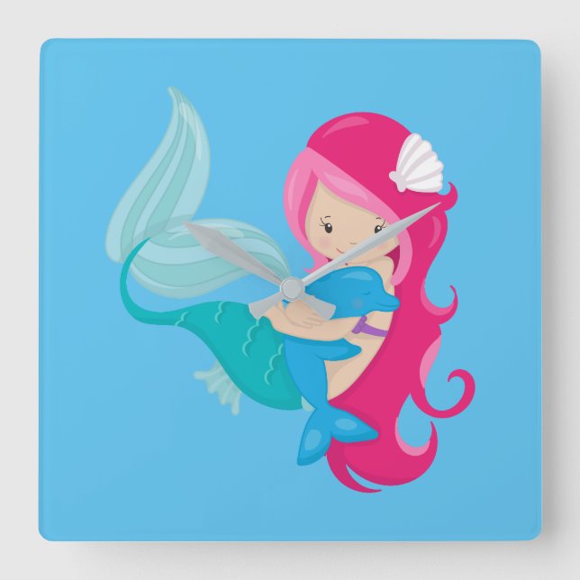 Horloge Carrée Pretty Mermaid et Dolphin (Recto)