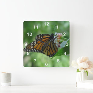 Horloge Carrée Pretty Monarch Butterfly & Pink Flower Wall Clock