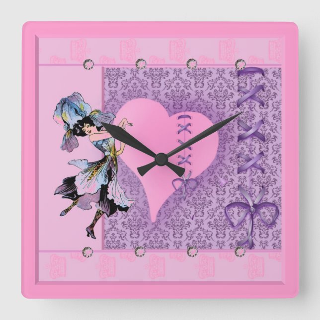 Horloge Carrée Pretty Pink Flower Fairy Accessoires - add name (Recto)