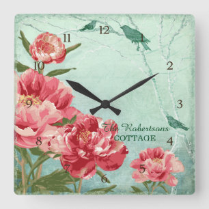 Horloge Carrée Pretty Retro Flower Home Decor Chintz Peony n Bird
