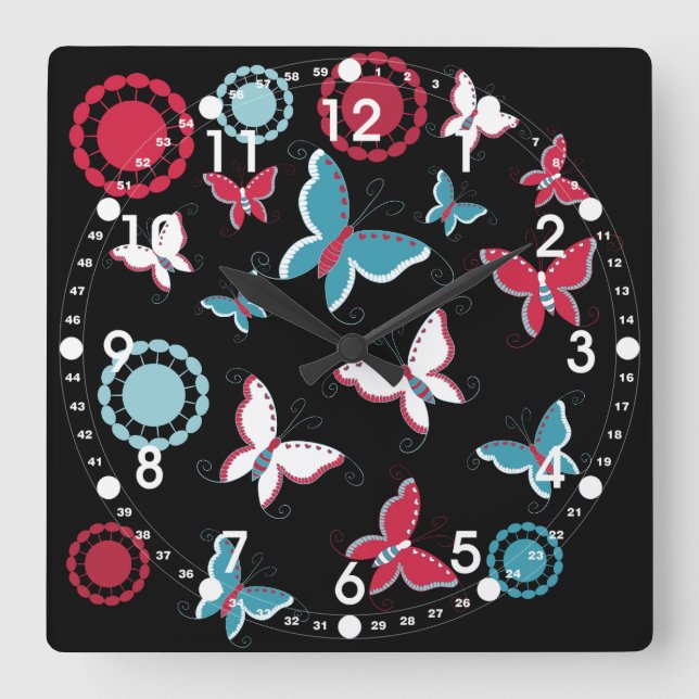 Horloge Carrée Pretty Spring Pink Blue Butterflies pour les fille (Recto)