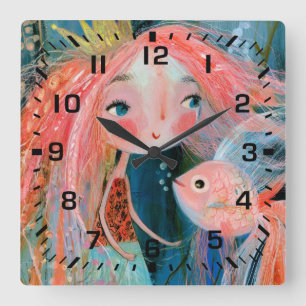 Horloge Carrée Princesse sirène avec amie poisson rose