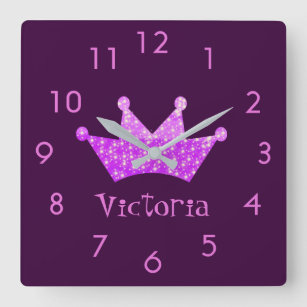Horloge Carrée princesse violette tiara rose étoiles nom de fille
