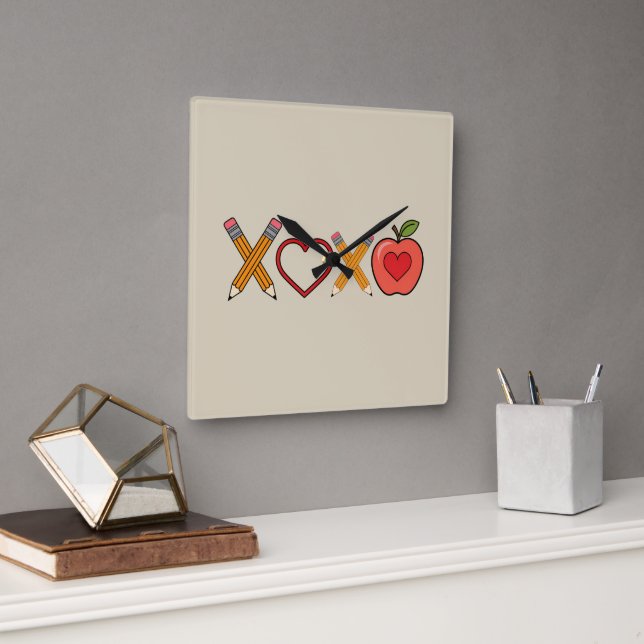 Horloge Carrée Professeur XOXO Crayon Saint Valentin et pomme (Bureau)