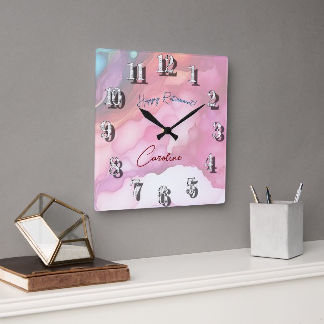 Horloge Carrée Profitez de votre retraite Pastel couleurs fluides (Bureau)