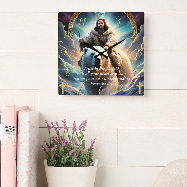 Horloge Carrée Proverbes 3:5 Foi chrétienne Jésus ours (Créateur téléchargé)