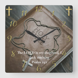 Horloge Carrée Psaume 23:1 Sainte Bible avec croix d'argent dessu