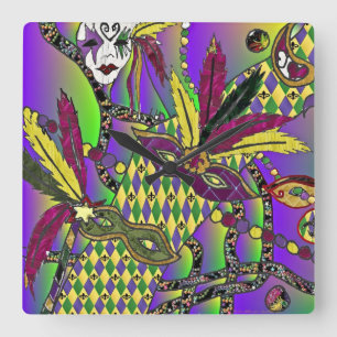 Horloge Carrée Psychedelic Mardi Gras Feather Masks