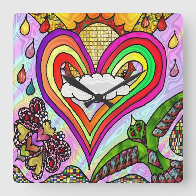 Horloge Carrée Psychédélic Rainbow Heart (Recto)