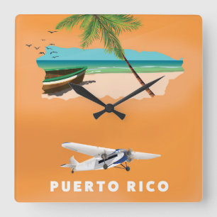 Horloge Carrée Puerto Rico illustrated map travel poster.