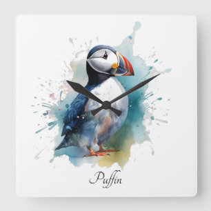 Horloge Carrée Puffin aquarelle adorable, personnalisé