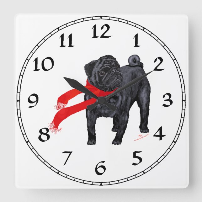 Horloge Carrée Pugs avec Écharpe Rouge (Recto)
