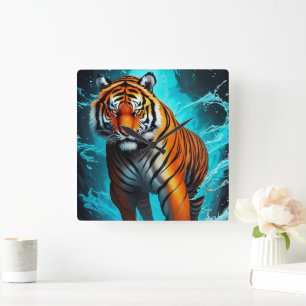 Horloge Carrée Puissant Tigre Au-Dessus De L'Eau