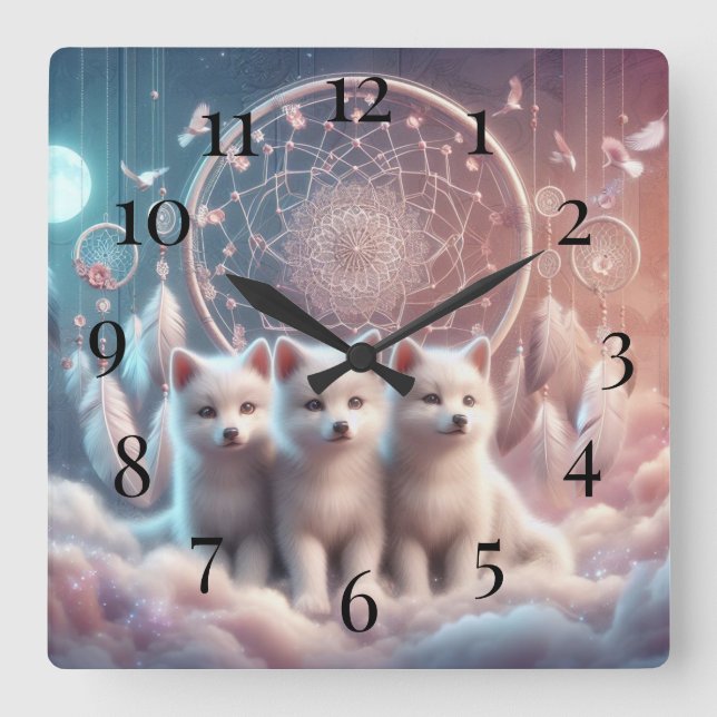 Horloge Carrée Pups de loup blanc et Dreamcatcher (Recto)