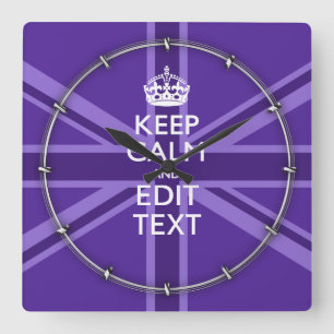 Horloge Carrée Purple Accent Keep Calm and Your Text Union Jack