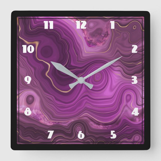 Horloge Carrée Purple Amethyst And Gold Abstract Agate Large Cloc (Recto)