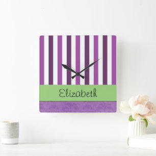 Horloge Carrée Purple Damask, Purple Stripes, Stripe, Votre Nom
