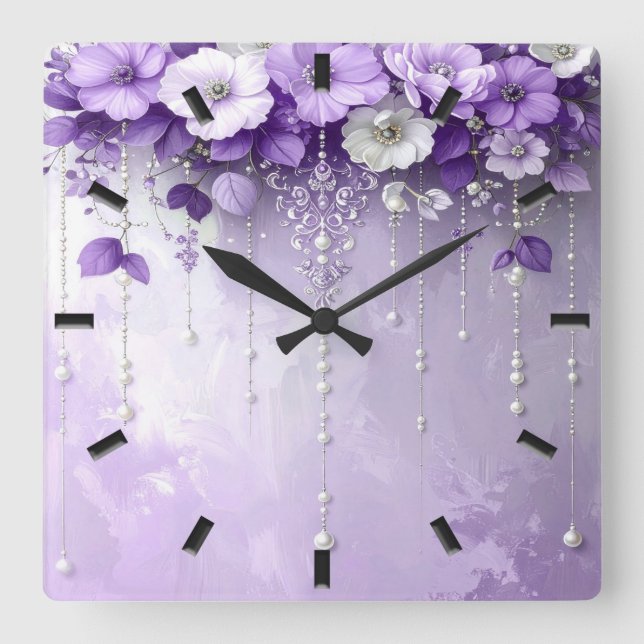 Horloge Carrée Purple Flowers with Dangling Pearls Wall Clock (Recto)