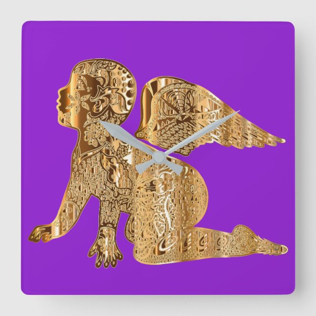 Horloge Carrée Purple Golden Baby Angel brillant élégant (Recto)