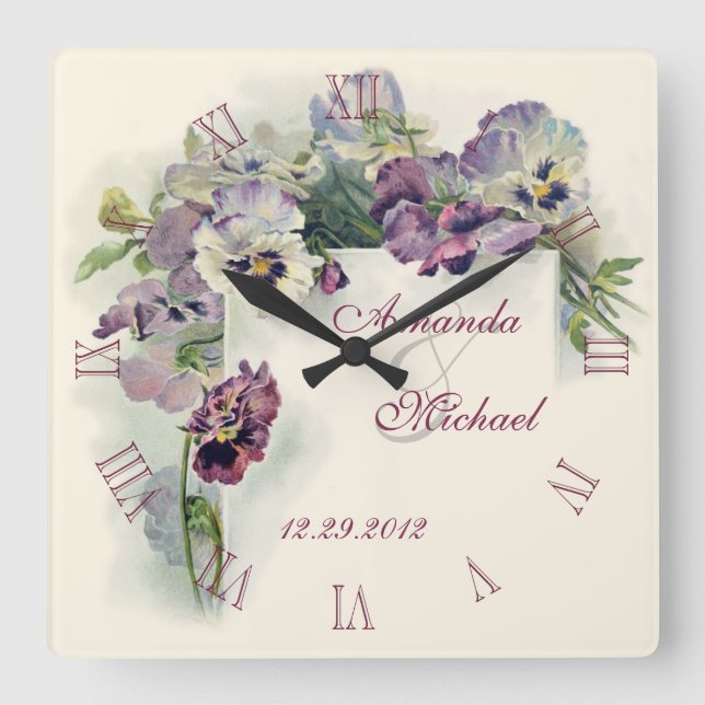 Horloge Carrée Purple pansies wedding anniversary (Recto)