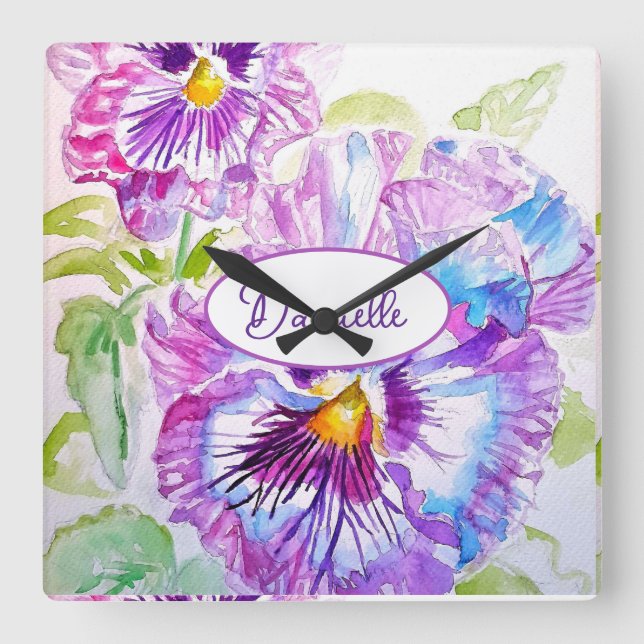 Horloge Carrée Purple Pansy Flower Pattern Watercolor Girls Clock (Recto)