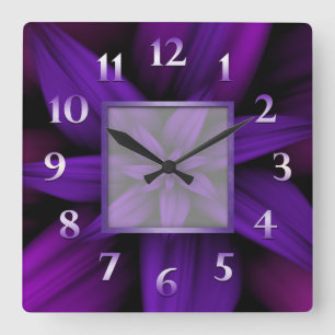Horloge Carrée Purple Passion Florale géométrique