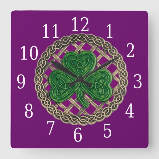 Horloge Carrée Purple shamrock and celtic Knots Square Clock (Recto)