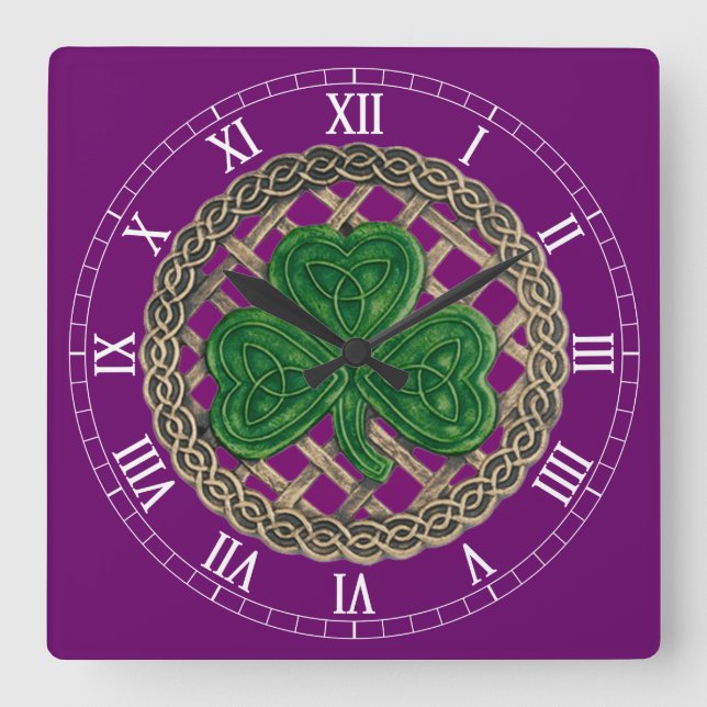 Horloge Carrée Purple Shamrock & Celtic Knots Roman Numeral Clock (Recto)