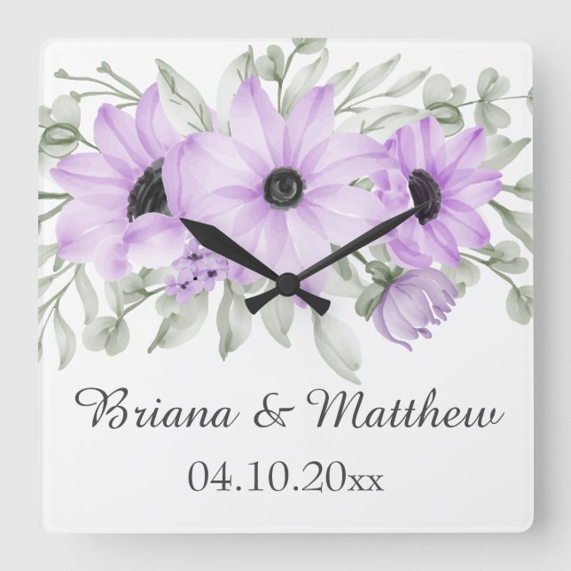 Horloge Carrée Purple Simple Élégant Fête des mariées Florale Cad (Recto)