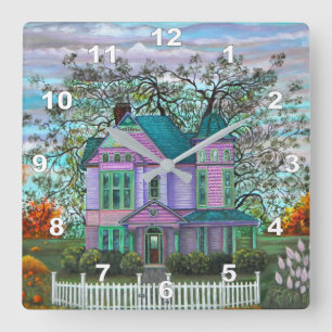 Horloge Carrée Purple Victorian House Pumpkins Wagon Autumn