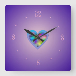 Horloge Carrée Purple with Rainbow Heart> Girls Wall Clocks