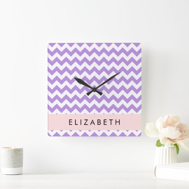 Horloge Carrée Purple Zigzag, Purple Chevron, Votre Nom (Maison)