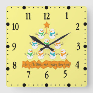 Horloge Carrée pyramide de sapin de Noël en bonhommes de neige de