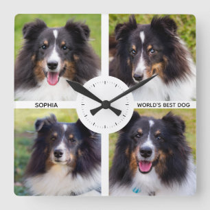 Horloge Carrée Quatre photos de animaux personnalisées avec texte