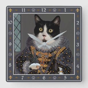 Horloge Carrée Queen Cat Tuxedo Kitty Funny Portrait Renaissance