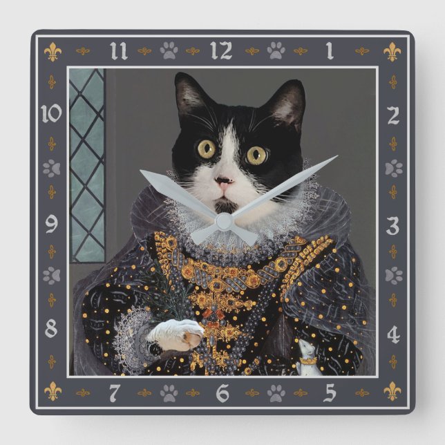 Horloge Carrée Queen Cat Tuxedo Kitty Funny Portrait Renaissance (Recto)
