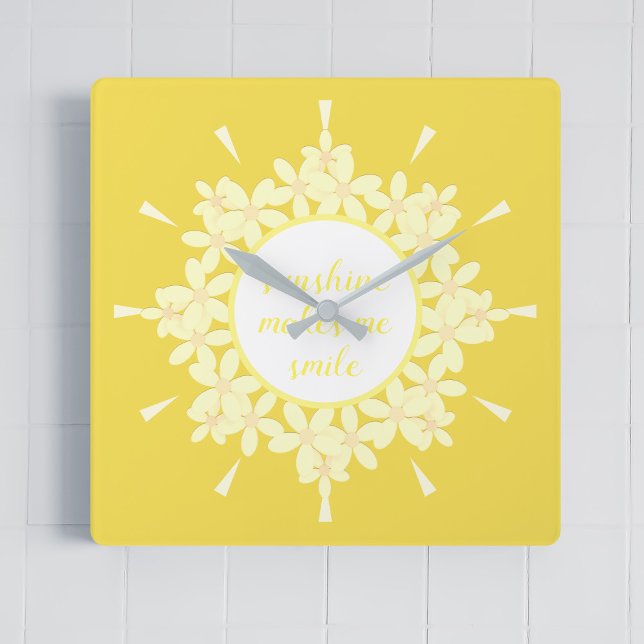 Horloge Carrée Quota Sunshine Yellow Daisy Flower Wall Clock (A cheery and bright sunshine yellow with space for your own quote. Sunshine makes me smile)