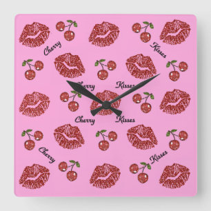 Horloge Carrée RAB Rockabilly Baisers Cerise sur Rose
