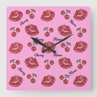 Horloge Carrée RAB Rockabilly Baisers Cerise sur Rose