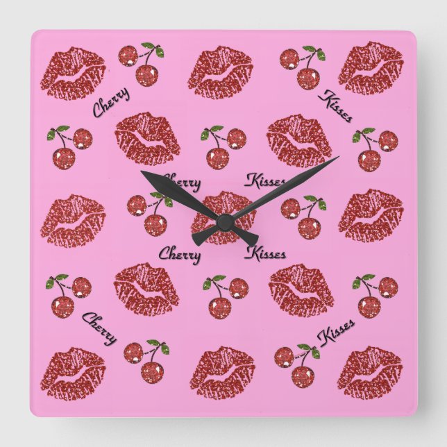 Horloge Carrée RAB Rockabilly Cherry Kisses on Pink (Recto)