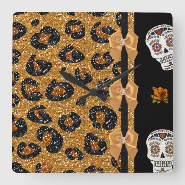 Horloge Carrée RAB Rockabilly Gold Leopard Print Sugar Skulls (Recto)