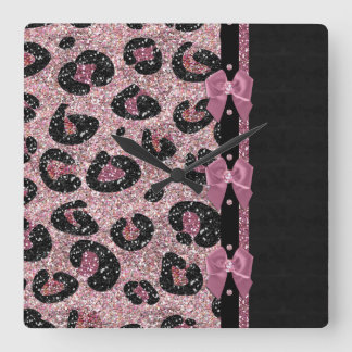 Horloge Carrée RAB Rockabilly Pink Leopard Ribbon Bows